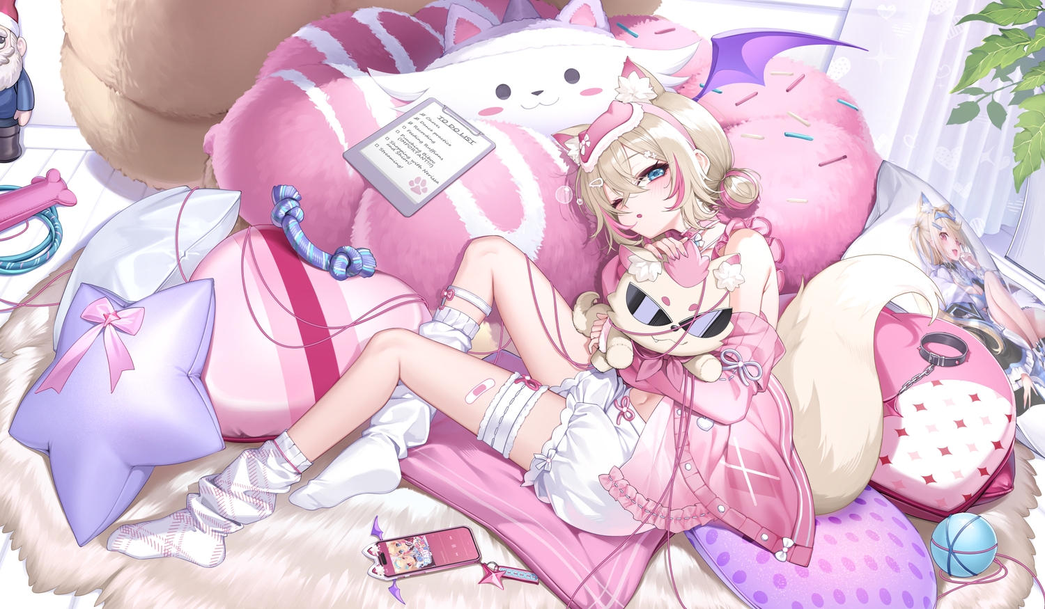 animal_ears, bandaid, blonde_hair, bloomers, blue_eyes, curry_bowl, doggirl, garter