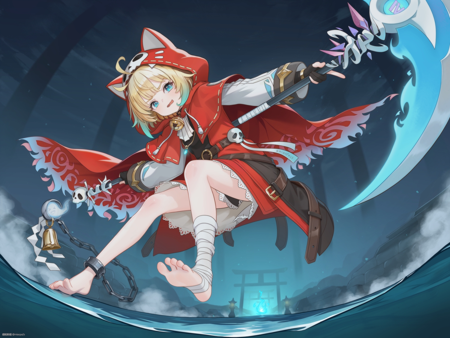 animal_ears, aqua_eyes, arknights:_endfield, bandage, barefoot, bell, blonde_hair, cape