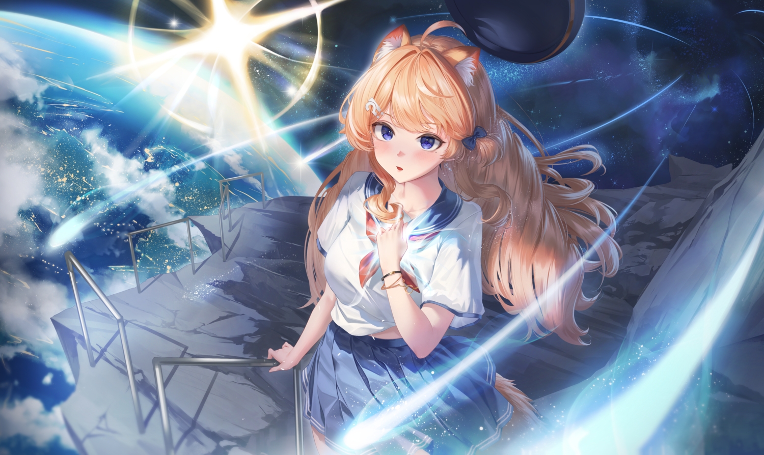 animal_ears, blue_eyes, blush, clouds, earth, hong_(vsak3373), long_hair, meridian_project