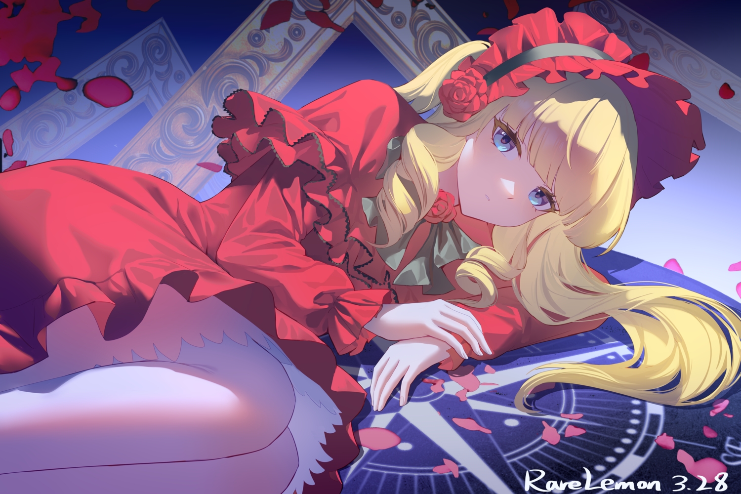 blonde_hair, blue_eyes, bow, dress, headdress, lolita_fashion, long_hair, pantyhose, petals, rare_lemon, rozen_maiden, shinku, signed