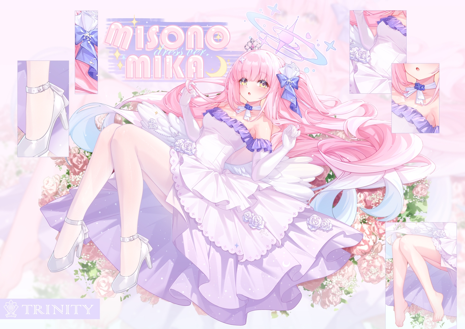 akovo, barefoot, blue_archive, crown, dress, elbow_gloves, flowers, gloves