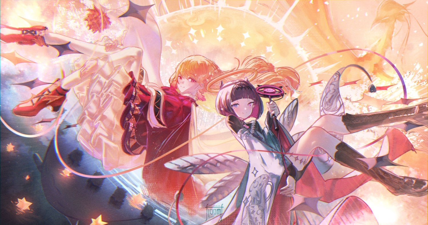 2girls, animal, bicolored_eyes, bird, blonde_hair, floomf, garter, halo, hololive, lolita_fashion, long_hair, ninomae_ina'nis, pink_eyes, pointed_ears, short_hair, staff, takanashi_kiara, water, watermark, wings