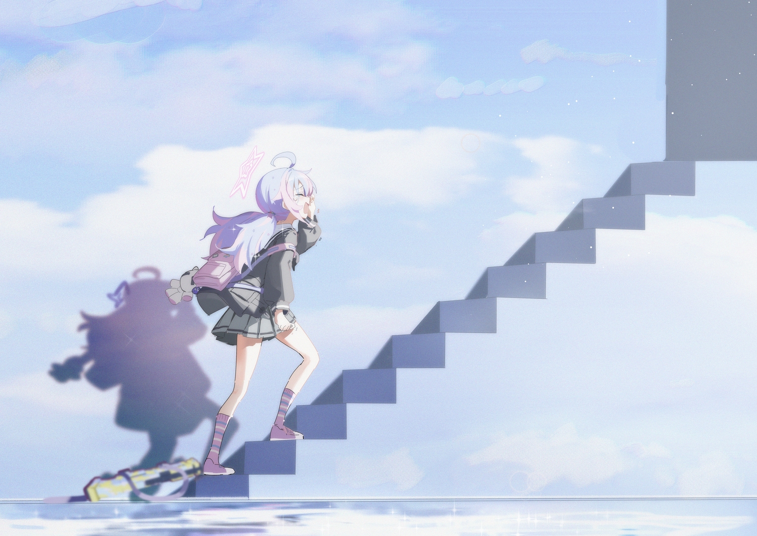 blue_archive, crying, gray_hair, gun, halo, kneehighs, long_hair, p1n