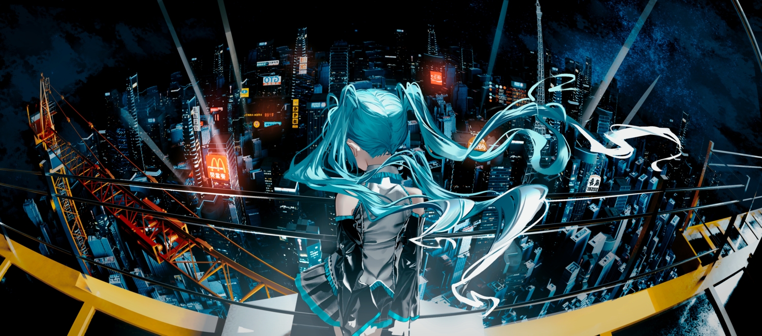 3d, aqua_hair, building, city, hatsune_miku, industrial, long_hair, night, skirt, twintails, vocaloid, zaoqi_zou_ye_lu