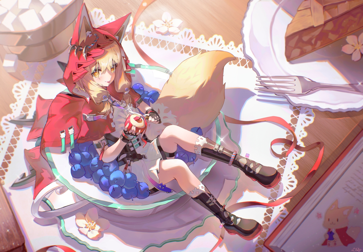 animal_ears, apple, arknights, arknights:_endfield, blonde_hair, blush, book, boots
