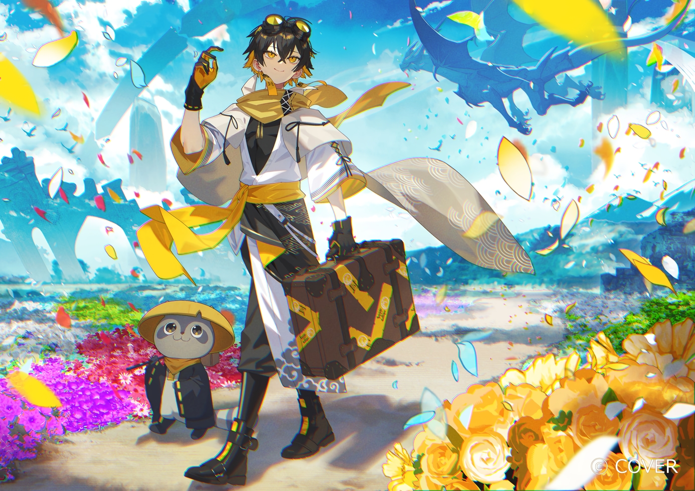 all_male, black_hair, clouds, dragon, flowers, gloves, goggles, hololive, male, orange_eyes, petals, rose, ruins, scarf, scottie_(phantom2), short_hair, sky, watermark, yatogami_fuma