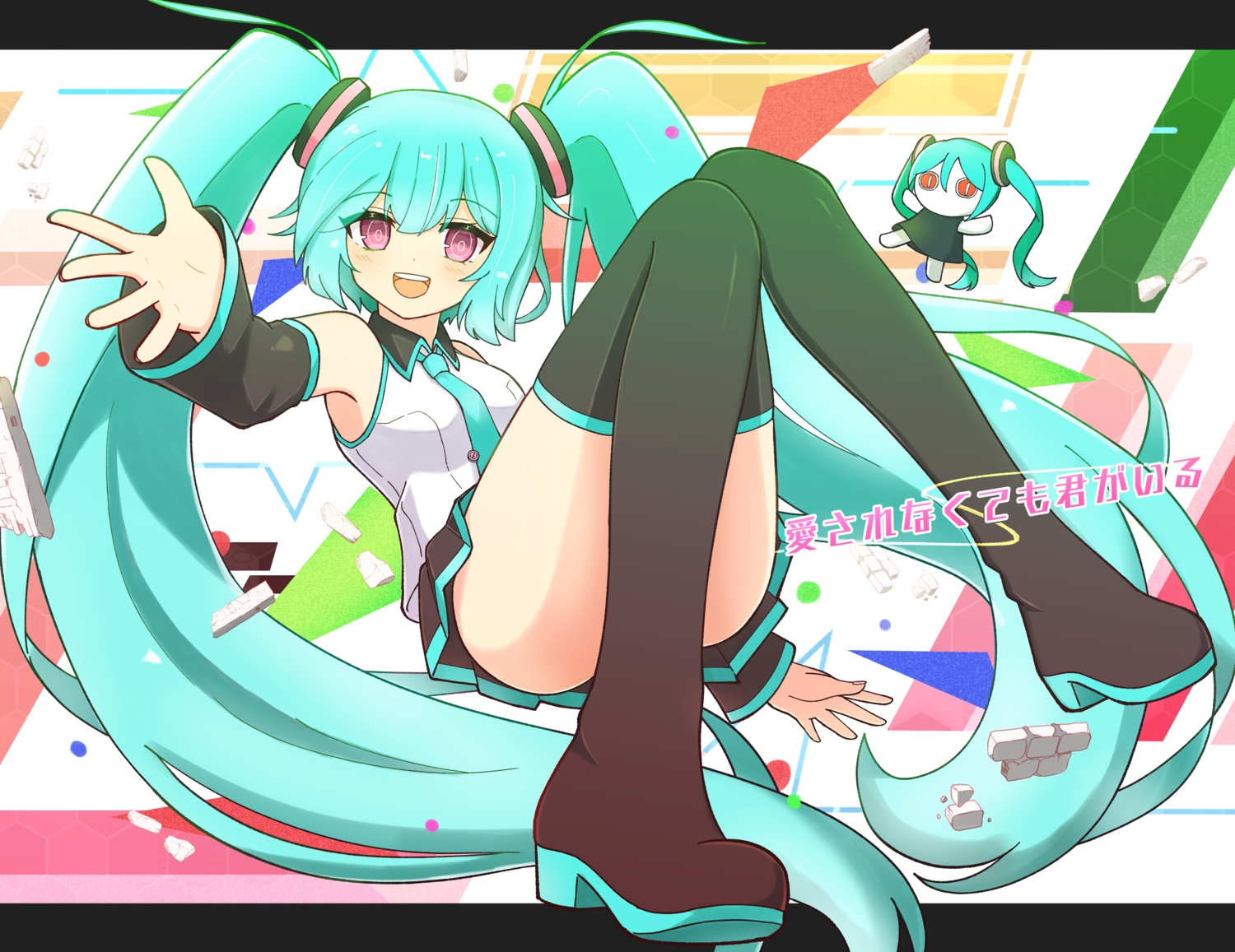 aimaina, aqua_hair, blush, boots, dress, hatsune_miku, long_hair, pink_eyes, red_eyes, shonasan, skirt, thighhighs, tie, twintails, vocaloid