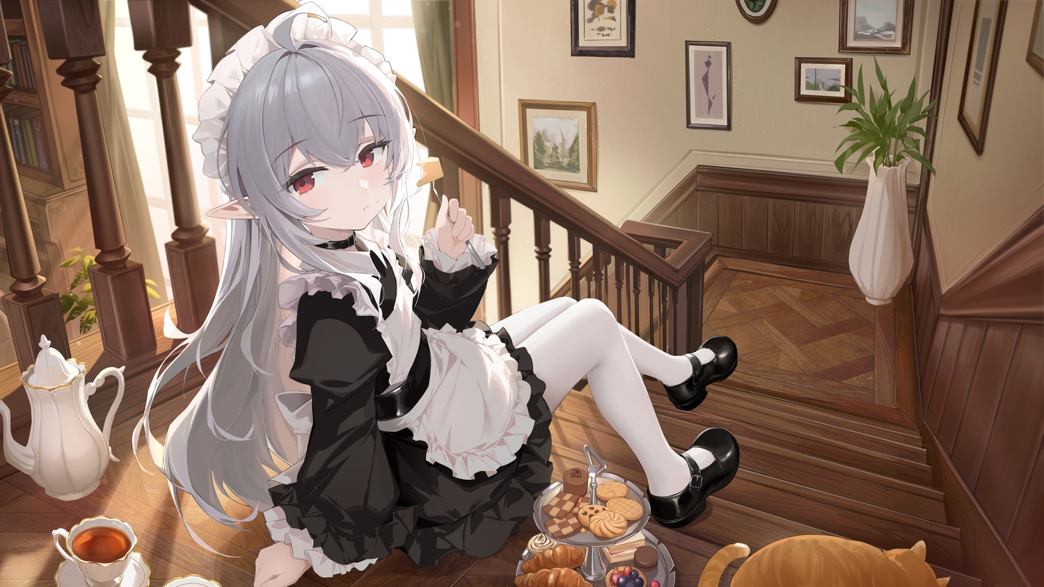 animal, cat, drink, food, gray_hair, headband, long_hair, maid, original, pantyhose, red_eyes, stairs, ye_yemail