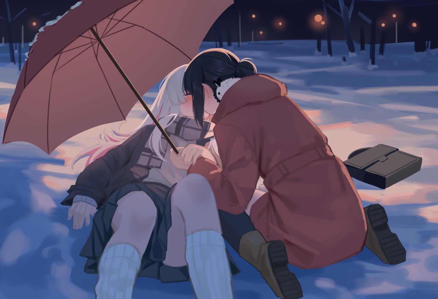 2girls, black_hair, blush, boots, cho_kaguya-hime!, gray_hair, hood, kiss