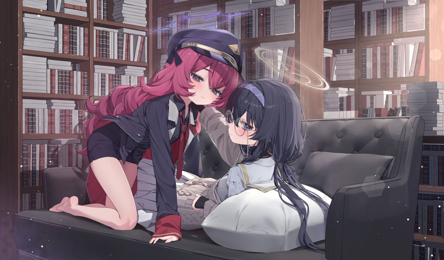 2girls, barefoot, black_hair, blue_archive, blush, book, couch, glasses