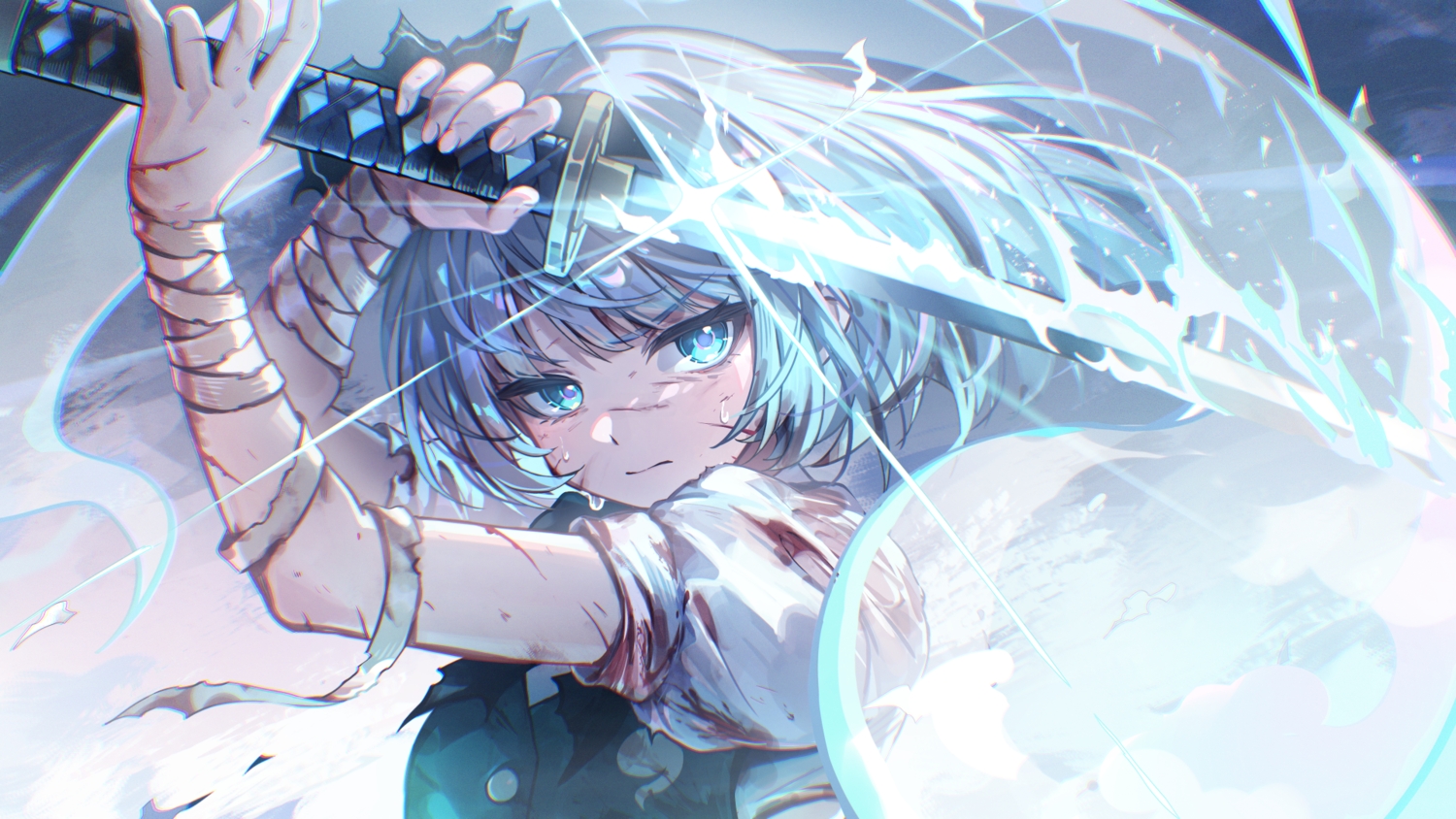 aqua_eyes, bandage, blood, close, gray_hair, katana, konpaku_youmu, kyusoukyu, myon, short_hair, sword, touhou, weapon