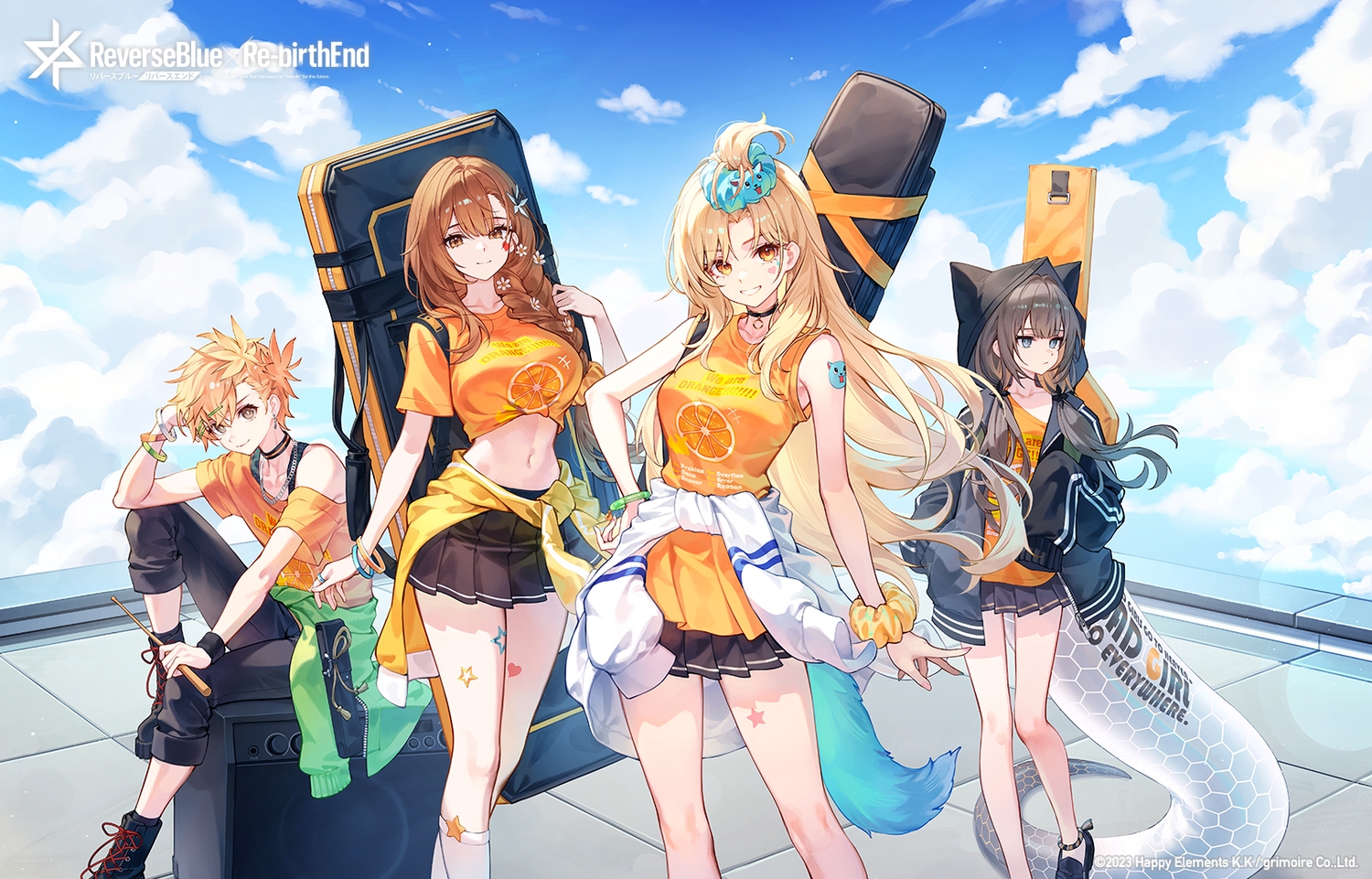 animal_ears, baek_hyang, blonde_hair, blue_eyes, braids, brown_eyes, brown_hair, choker, clouds, group, hood, logo, long_hair, male, navel, orange_eyes, ponytail, reverseblue_x_re-birthend, short_hair, skirt, sky, tagme_(character), tail, twintails, watermark