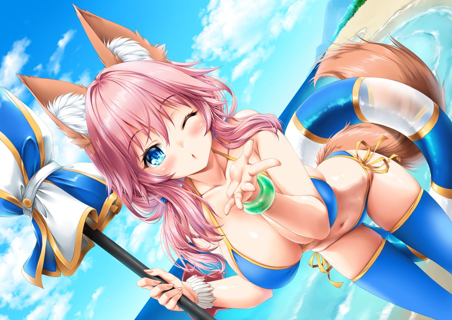 animal_ears, beach, bikini, blush, bow, breasts, cleavage, clouds, fate/grand_order, fate_(series), foxgirl, kamiya_tomoe