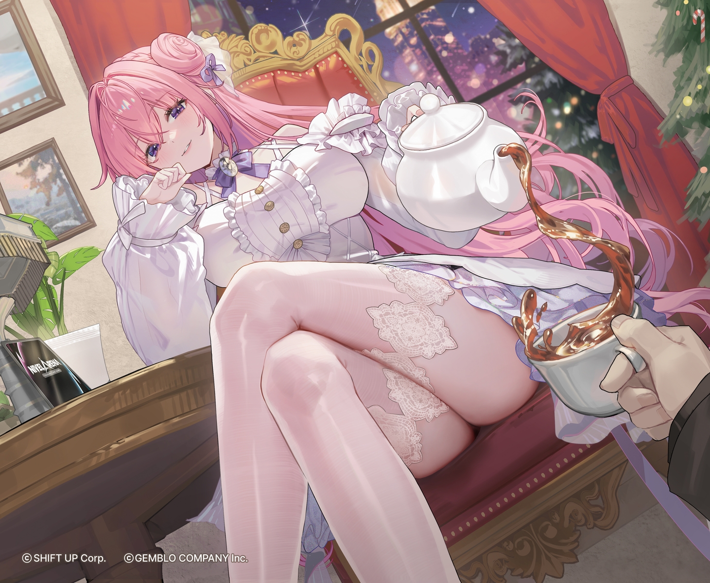 blush, bow, braids, christmas, commander_(nikke), dorothy_(nikke), dress, drink, f.k_(hs225kr), goddess_of_victory:_nikke, long_hair, male, pink_hair, purple_eyes, thighhighs, tree, watermark