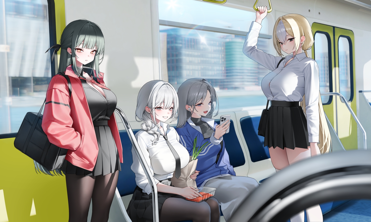 black_eyes, blonde_hair, blue_eyes, breasts, chano39, cleavage, food, gray_eyes