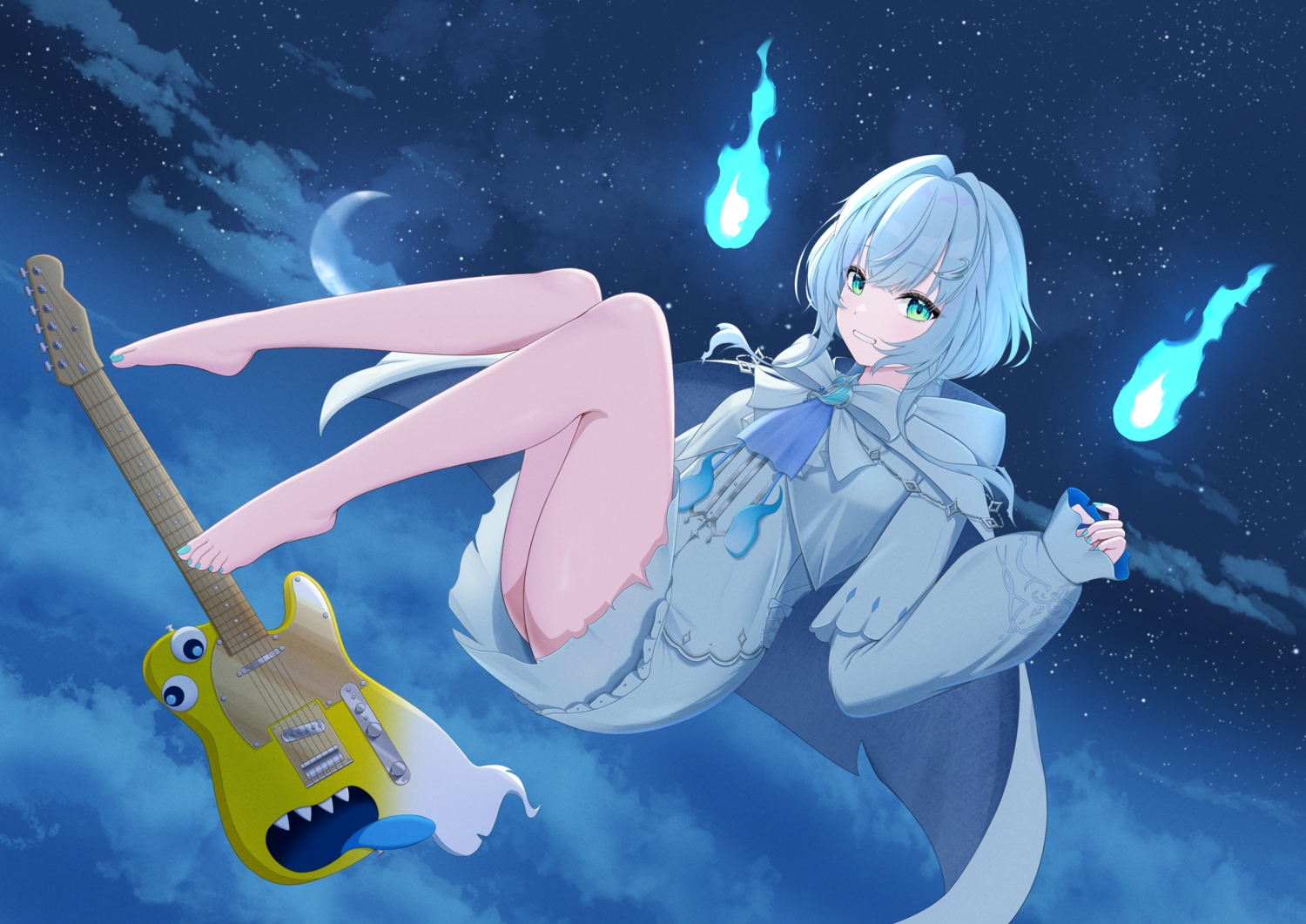 774_inc., barefoot, bow, cape, clouds, dress, fire, green_eyes, guitar, hood, instrument, kasukane_shino, koto_(miyakokoto), moon, night, short_hair, sky, stars, white_hair