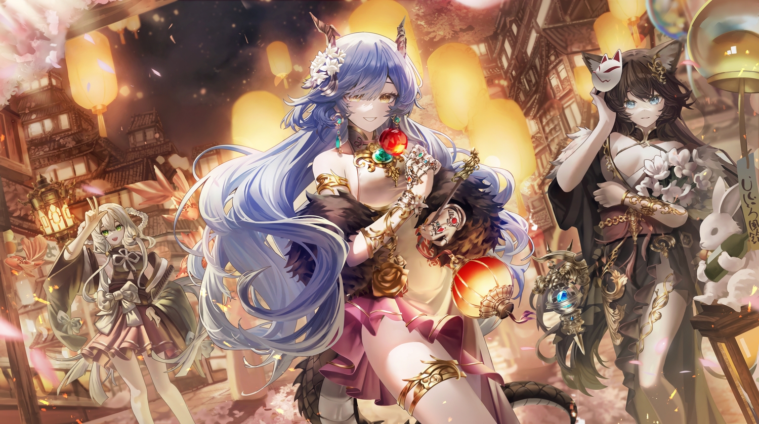 animal, animal_ears, apple, blue_eyes, blue_hair, brown_hair, building, candy