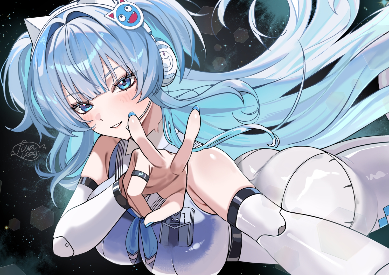 aliasing, animal_ears, ass, blue_eyes, blue_hair, blush, bodysuit, breasts