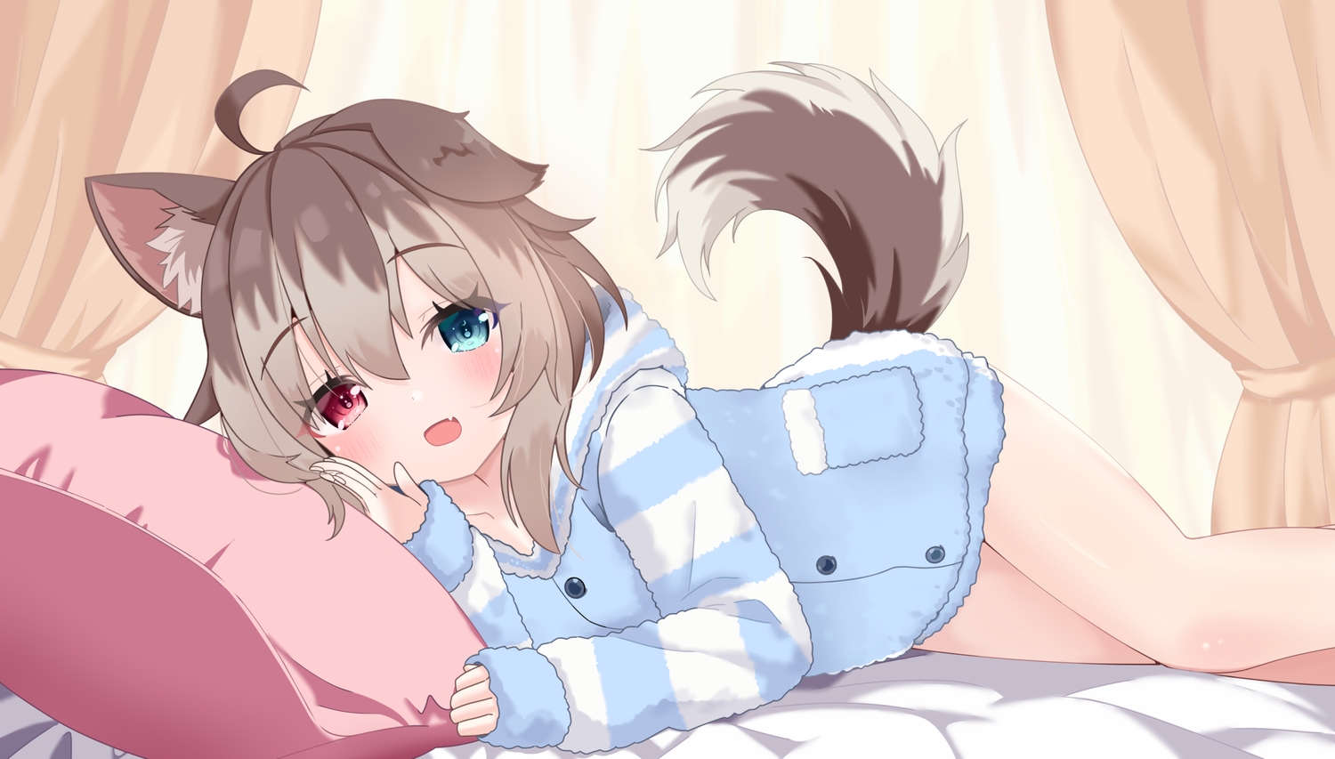 bed, bicolored_eyes, blush, brown_hair, doggirl, fang, hasuki_rui, hood