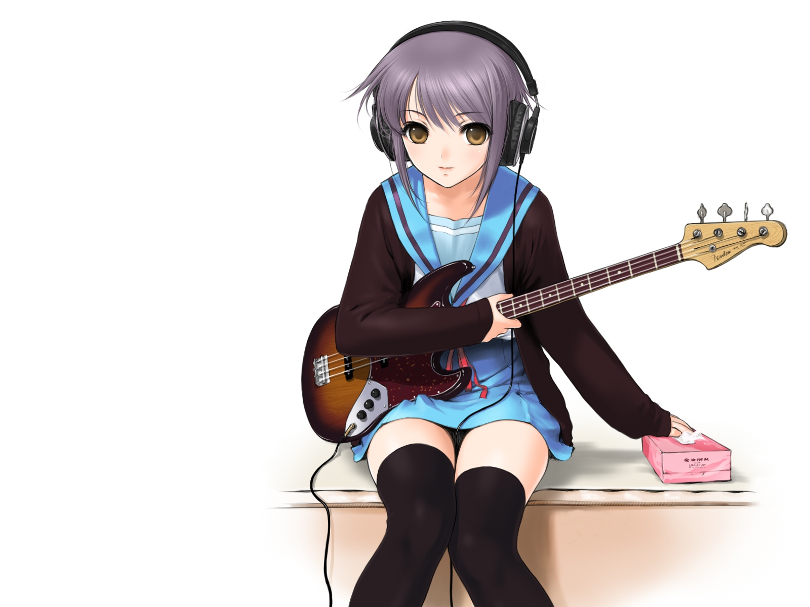guitar, headphones, instrument, nagato_yuki, sano_toshihide, school_uniform, suzumiya_haruhi_no_yuutsu, thighhighs, white
