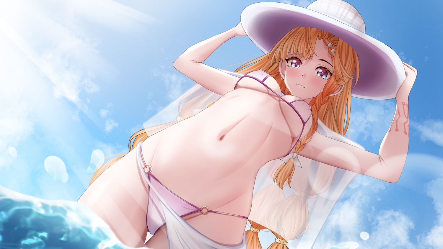asutokun_th, bikini, breasts, clouds, hat, long_hair, navel, orange_hair
