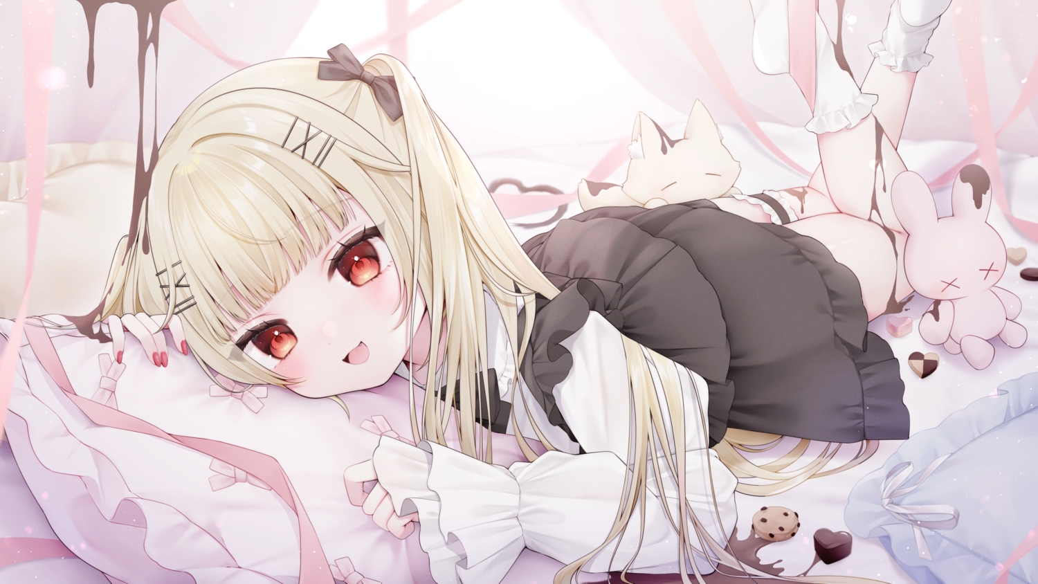 bed, blonde_hair, blush, bow, bunny, cat_smile, chocolate, doll