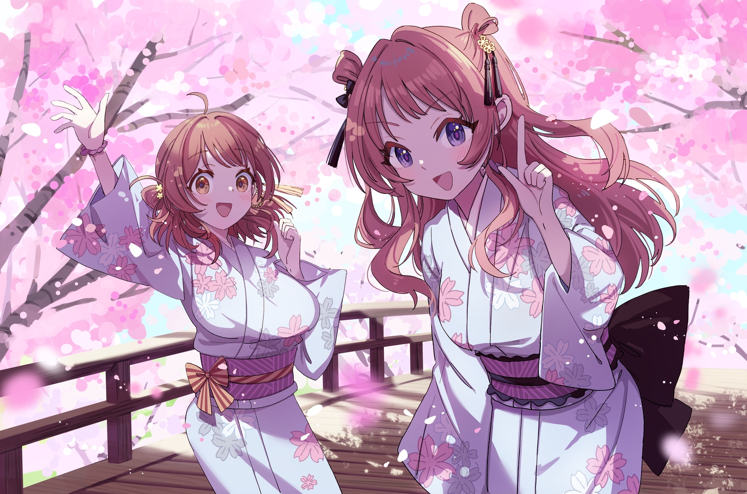 2girls, blush, bow, brown_eyes, brown_hair, cherry_blossoms, flowers, gakuen_idolmaster