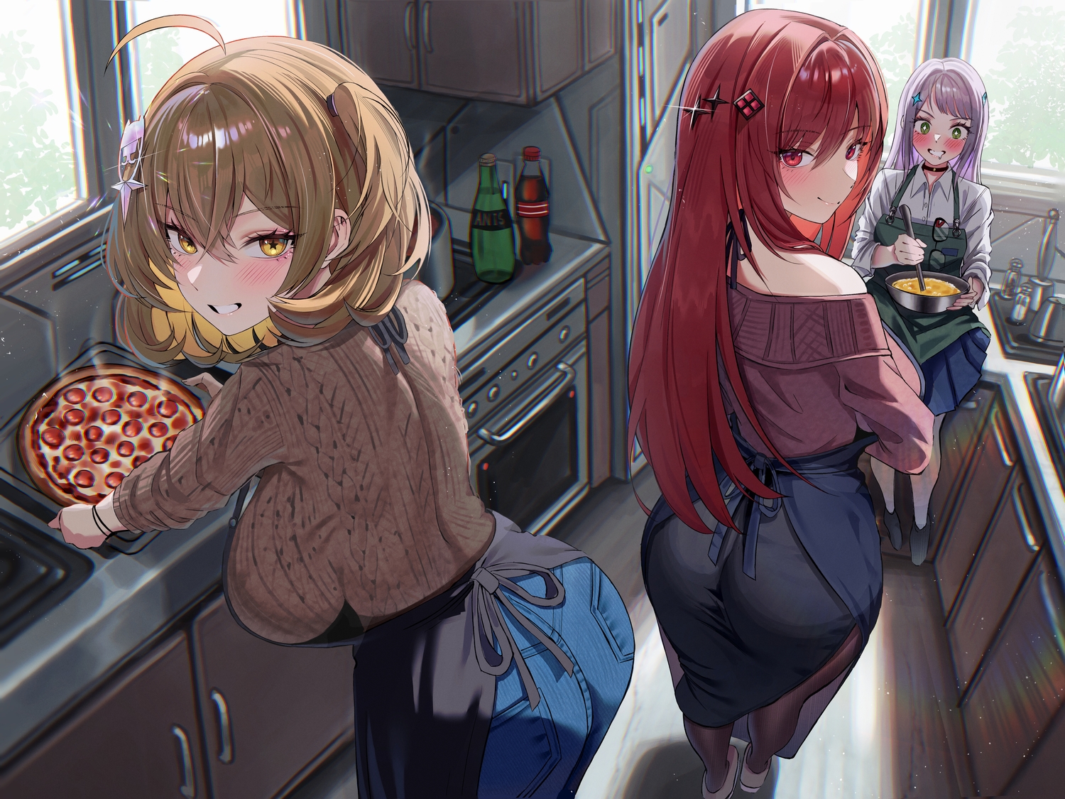 aliasing, anis_(nikke), apron, ass, blush, breasts, brown_hair, choker, drink, elker, food, glasses, goddess_of_victory:_nikke, gray_hair, green_eyes, long_hair, neon_(nikke), pantyhose, pizza, rapi_(nikke), red_eyes, red_hair, shirt, short_hair, skirt, yellow_eyes