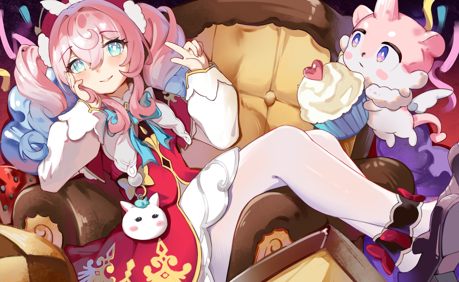 aqua_eyes, blush, bow, cake, couch, dress, food, heart