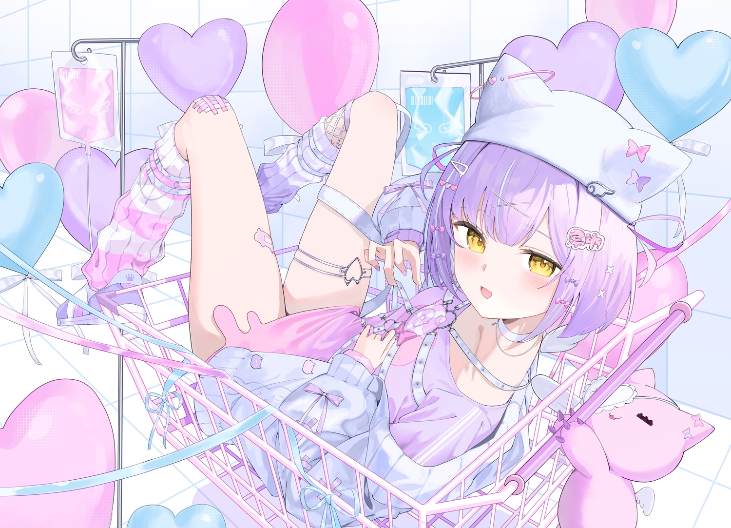 aki_uzuki3, animal_ears, bandaid, blush, bow, candy, choker, garter