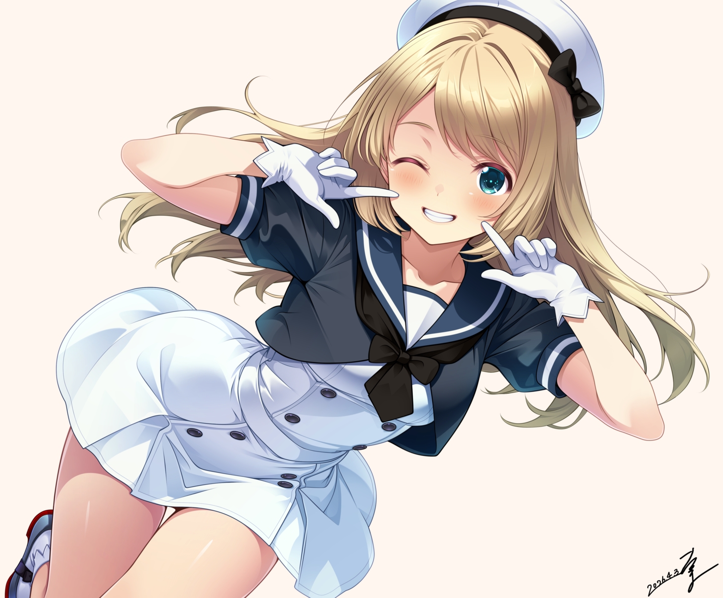 anthropomorphism, aqua_eyes, blonde_hair, blush, bow, dress, gloves, hat, jervis_(kancolle), kantai_collection, long_hair, school_uniform, signed, takuma_(takumo7121), wink