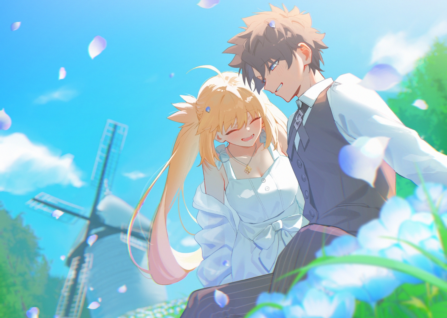 artoria_caster_(fate), artoria_pendragon_(all), blonde_hair, blue_eyes, blush, brown_hair, clouds, dress, fate/grand_order, fate_(series), flowers, fujimaru_ritsuka_(male), kpaoi, long_hair, male, necklace, petals, shirt, short_hair, sky, summer_dress, twintails, windmill
