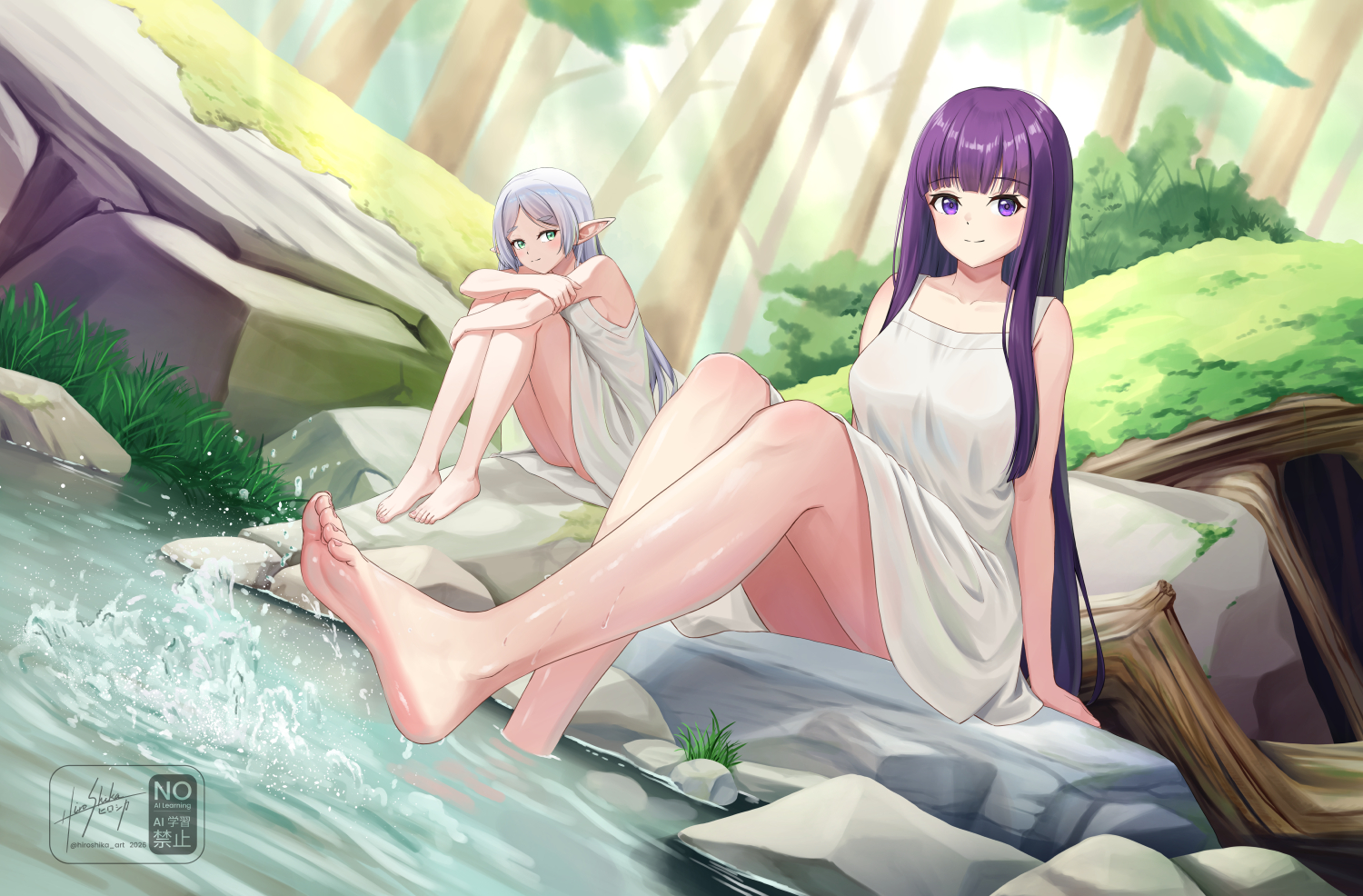 2girls, aliasing, barefoot, blush, dress, fern_(sousou_no_frieren), forest, frieren