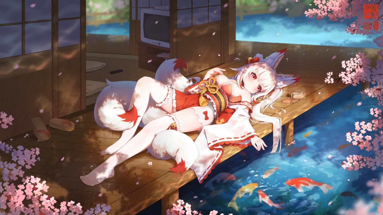 animal, animal_ears, bell, blush, breasts, cherry_blossoms, ci_wen_jian_bu_cun_zai, cleavage, fish, flowers, foxgirl, garter, japanese_clothes, long_hair, multiple_tails, no_bra, original, red_eyes, shade, tail, thighhighs, twintails, water, watermark, white_hair