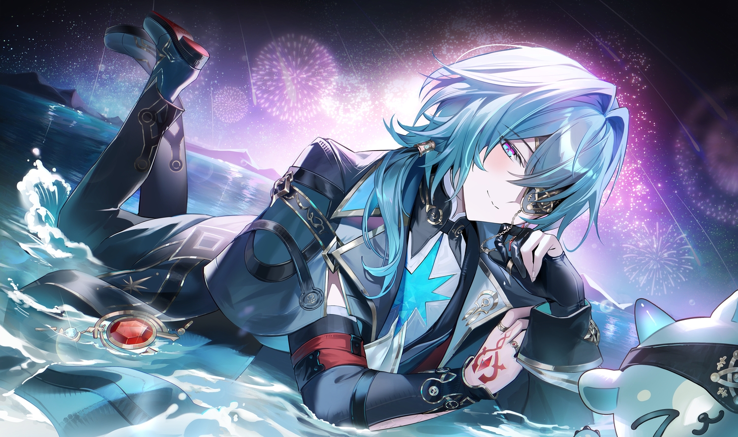 all_male, anaxa_(honkai:_star_rail), eyepatch, fireworks, gloves, honkai_(series), honkai:_star_rail, long_hair