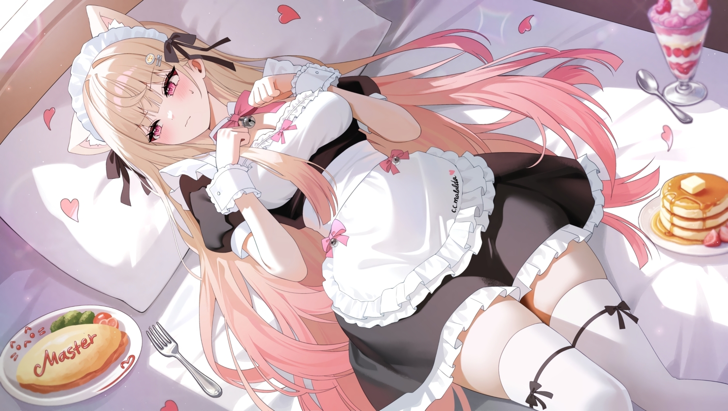 animal_ears, bed, bell, blonde_hair, blush, bow, catgirl, food, headband, ice_cream, indie_virtual_youtuber, iyusei_02, maid, pink_eyes, tagme_(character), thighhighs, third-party_edit