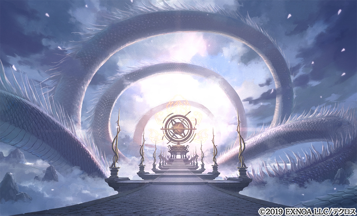 ayakashi_rumble!, clouds, dragon, no_humans, petals, scenic, sky, tagme_(artist), waifu2x, watermark