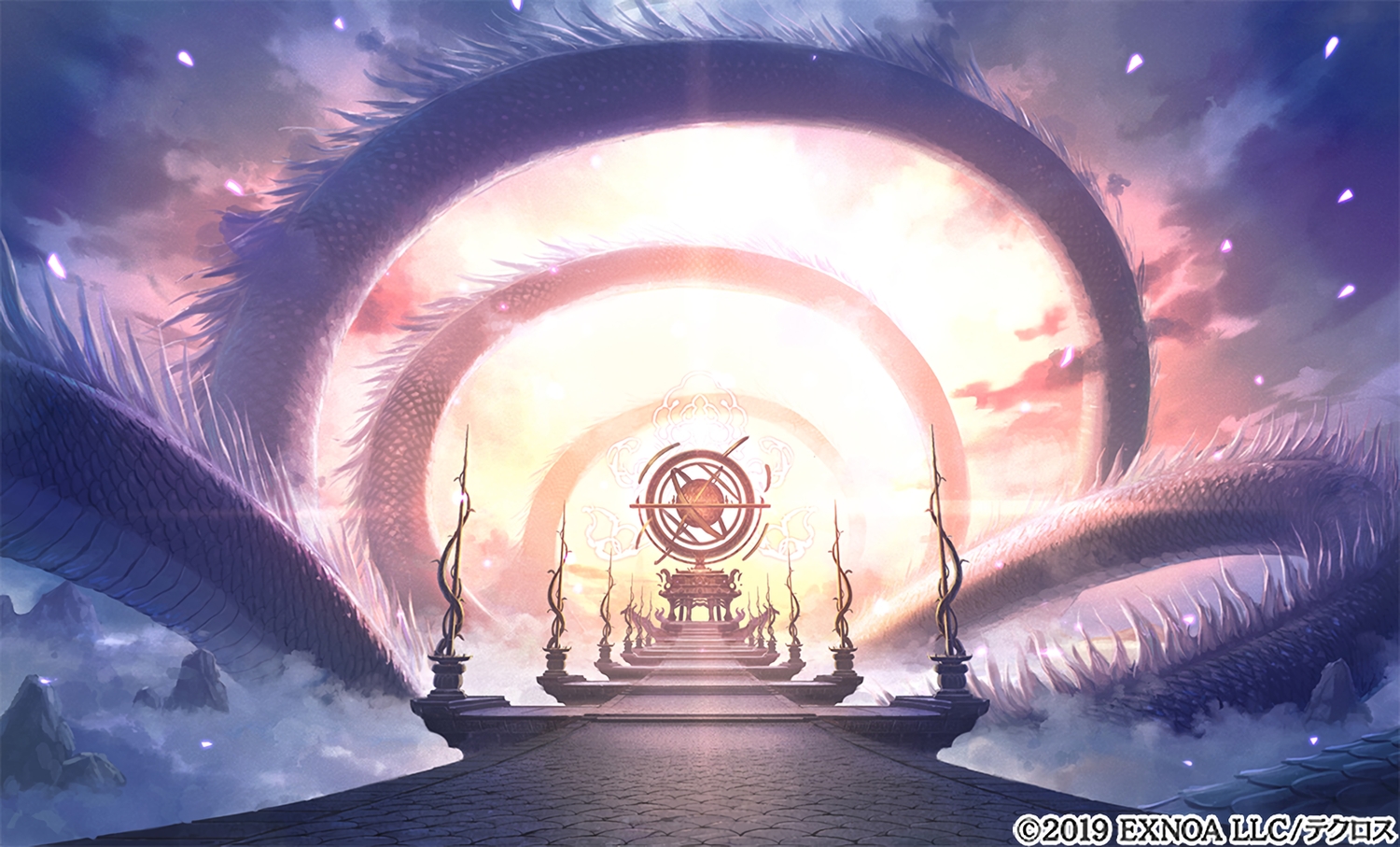ayakashi_rumble!, clouds, dragon, no_humans, petals, scenic, sky, sunset, tagme_(artist), waifu2x, watermark