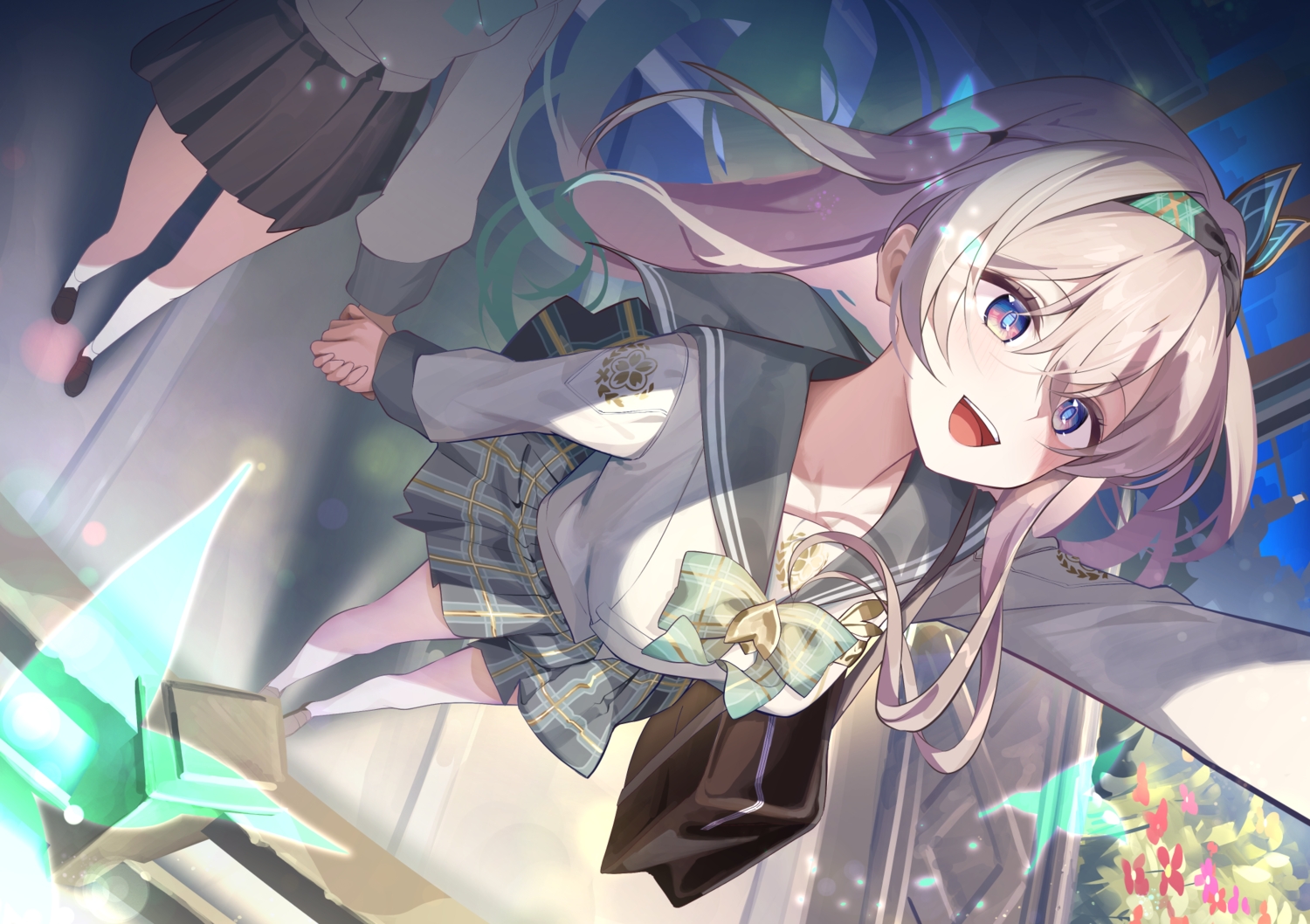 2girls, aqua_hair, bow, firefly_(honkai:_star_rail), flowers, gray_eyes, gray_hair, headband