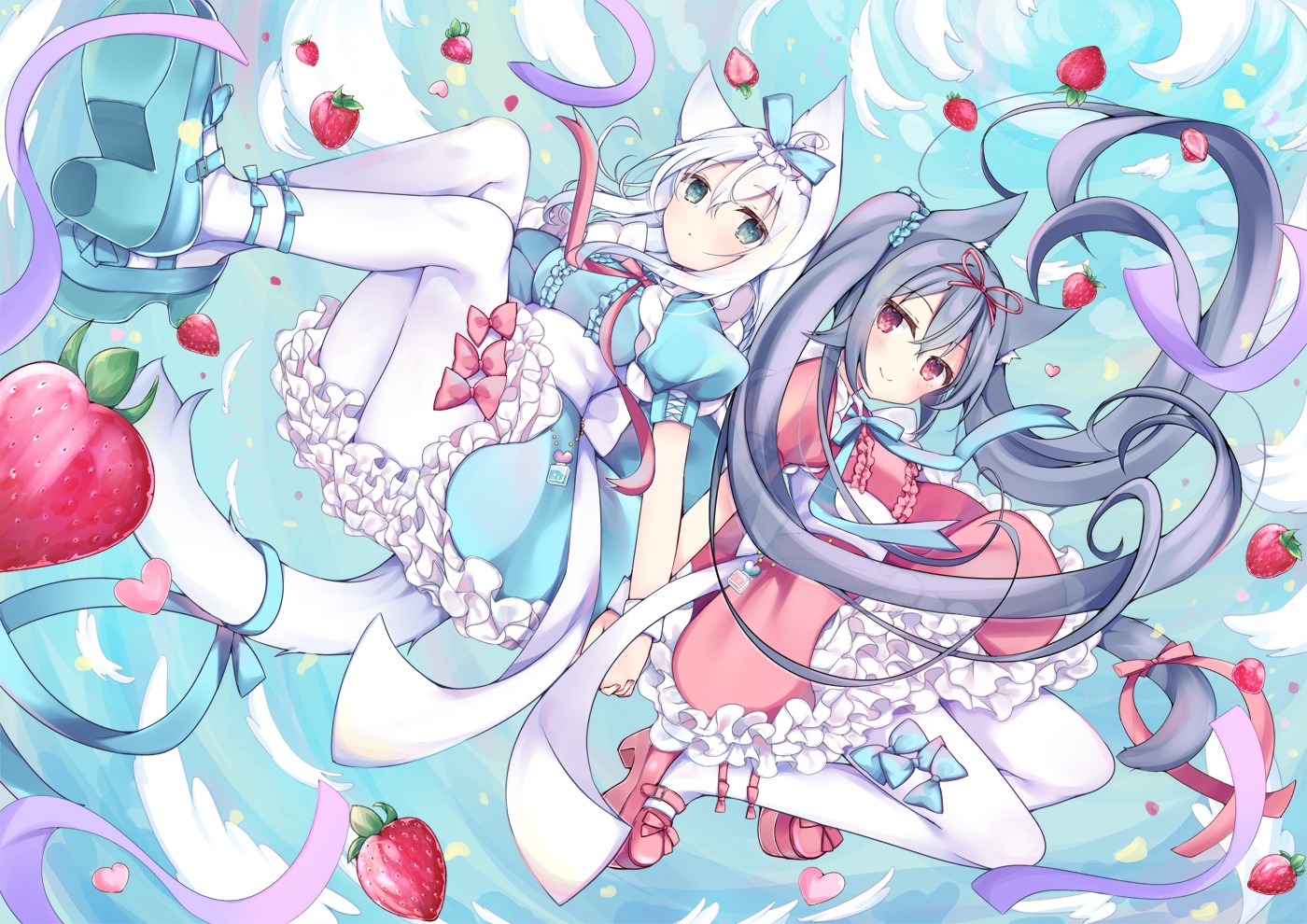 2girls, animal_ears, black_hair, bow, catgirl, dress, food, fruit