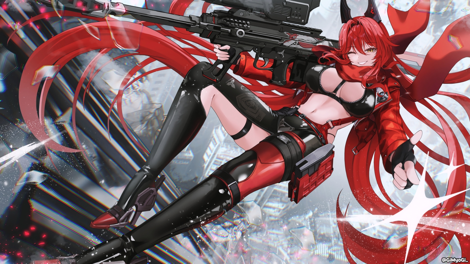 breasts, building, city, garter, gimyogi, gloves, goddess_of_victory:_nikke, gun, horns, long_hair, navel, red_hair, red_hood_(nikke), ruins, scarf, watermark, weapon, wink, yellow_eyes