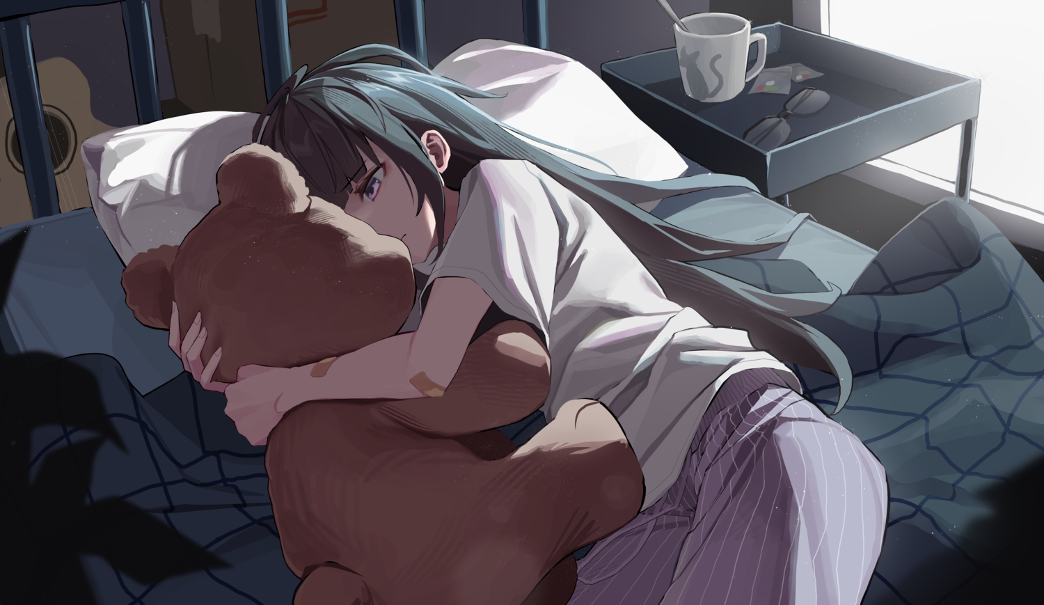 bandaid, bed, black_hair, guitar, hanho, hug, instrument, long_hair