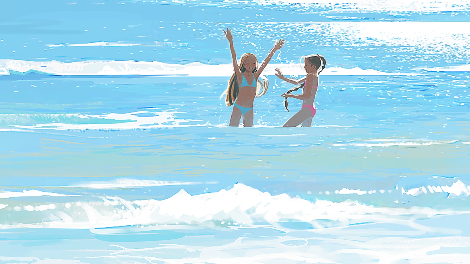 2girls, beach, bikini, blonde_hair, braids, breasts, brown_hair, long_hair