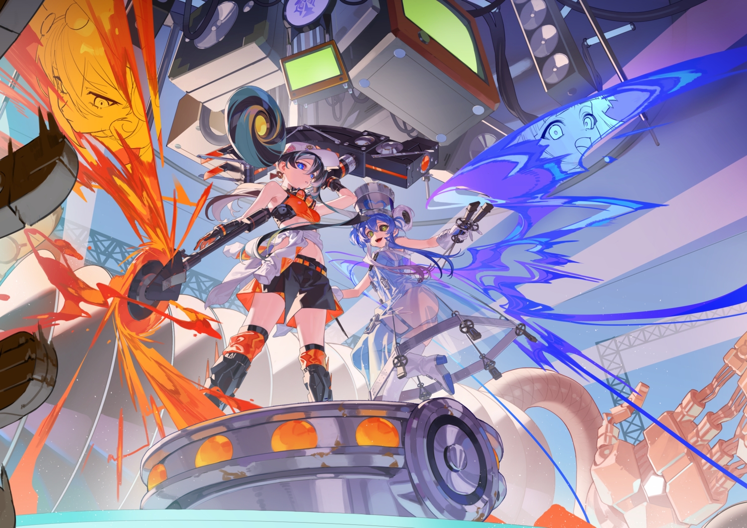 2girls, ass, black_hair, blue_hair, dress, gloves, green_eyes, hat, kewl_tune_back_2_back, kewl_tune_cue, kewl_tune_reco, long_hair, red_cucumber, see_through, shorts, sword, thighhighs, twintails, weapon, yu-gi-oh