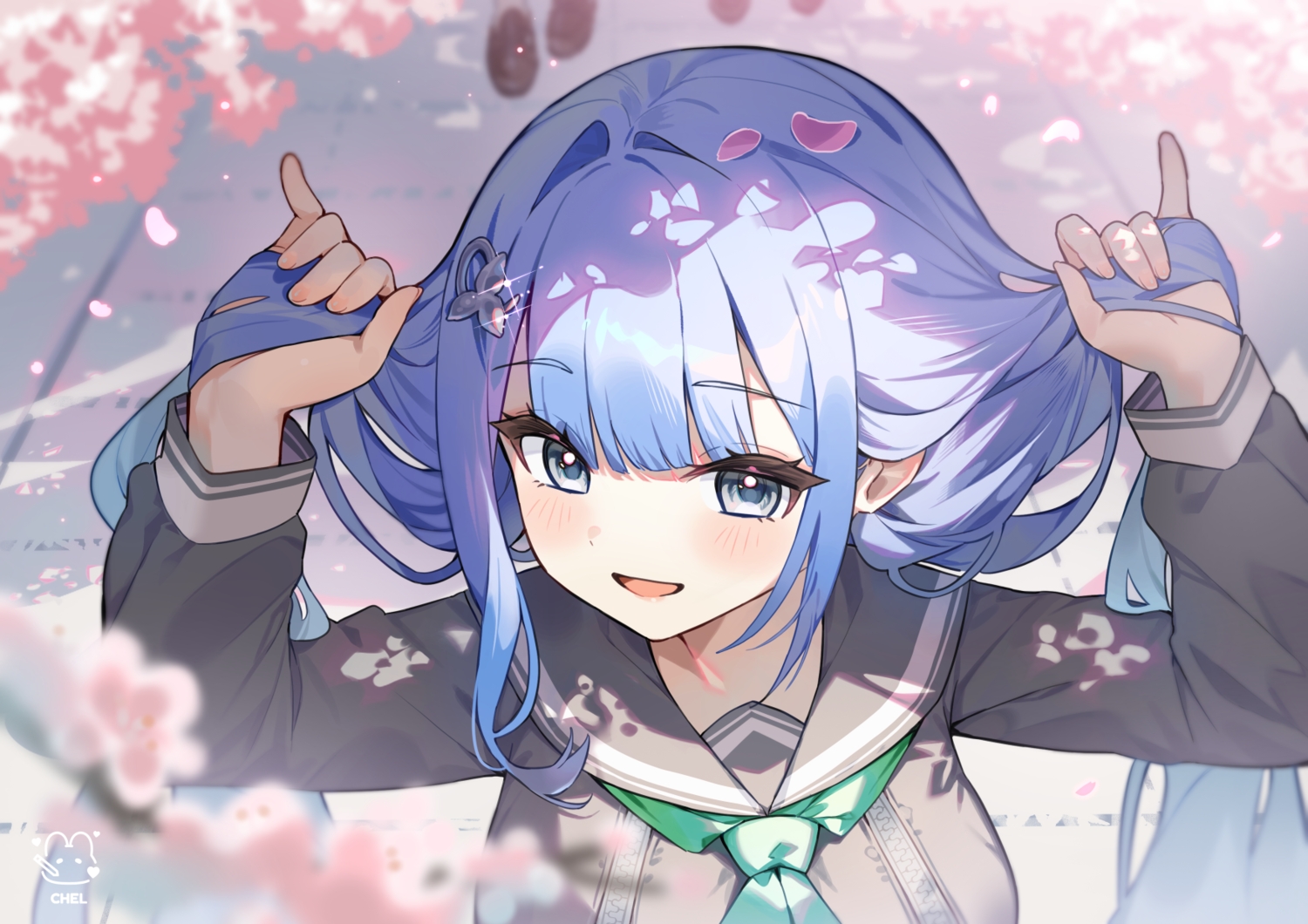 arcana_(nikke), blue_hair, blush, cheli_(kso1564), cherry_blossoms, close, flowers, goddess_of_victory:_nikke