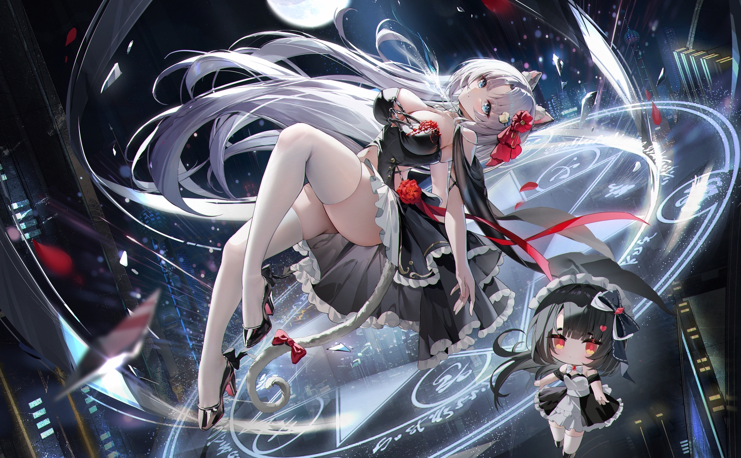 2girls, animal_ears, black_hair, blue_eyes, bow, breasts, building, catgirl, chibi, city, cleavage, dress, gray_hair, headband, long_hair, magic, moon, night, original, skirt_lift, sky, tail, thighhighs, tsuru_ai_momono