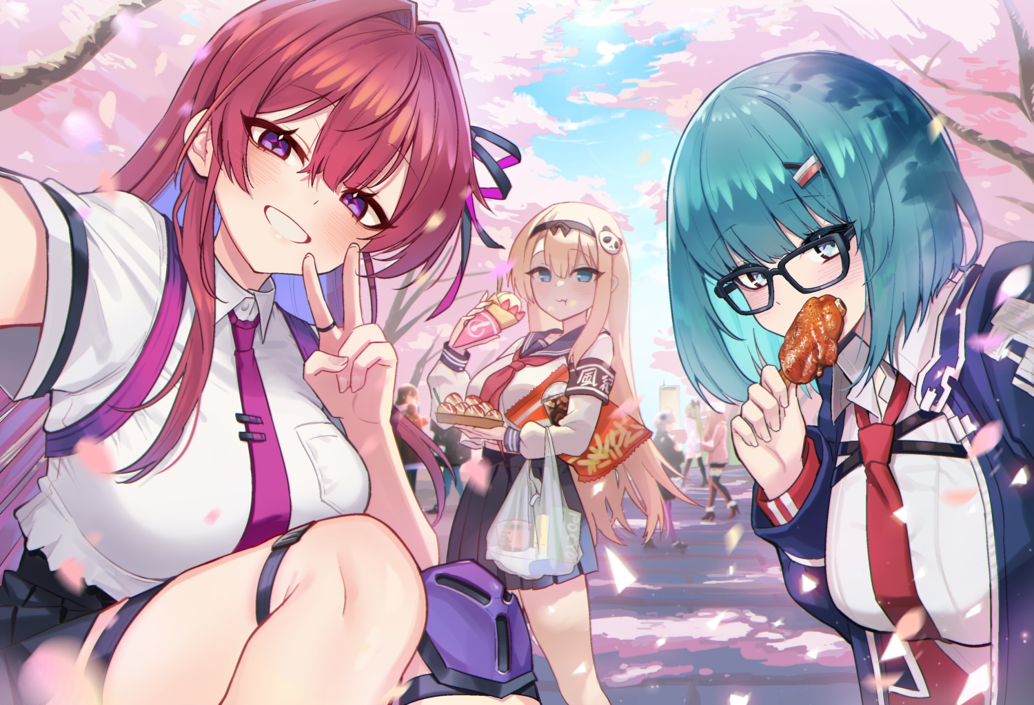 aqua_hair, blonde_hair, blue_eyes, bubba_(user_nzhy7548), chaos_zero_nightmare, cherry_blossoms, clouds, flowers, food, garter, glasses, haru_(chaos_zero_nightmare), headband, long_hair, mika_(chaos_zero_nightmare), petals, purple_eyes, red_hair, rei_(chaos_zero_nightmare), school_uniform, short_hair, skirt, sky, spring, tie, tree