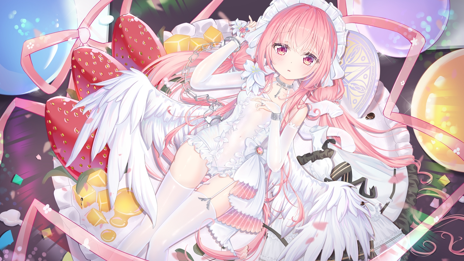 anthropomorphism, azur_lane, chain, choker, cross, elbow_gloves, food, fruit