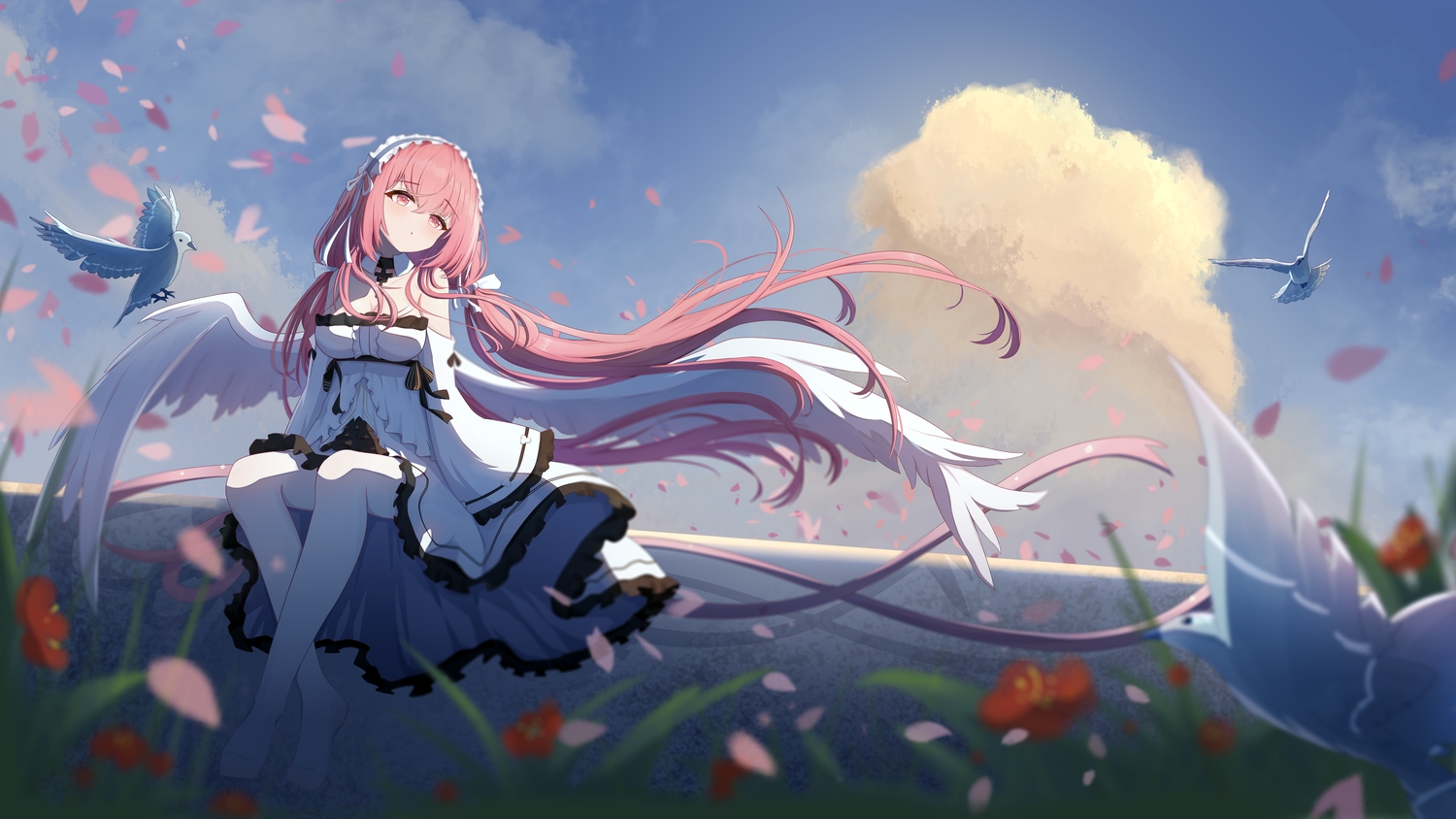 anthropomorphism, azur_lane, blush, choker, clouds, dress, flowers, grass, headband, lolita_fashion, long_hair, nicknameokupied, pantyhose, perseus_(azur_lane), petals, pink_eyes, pink_hair, sky, twintails, wings