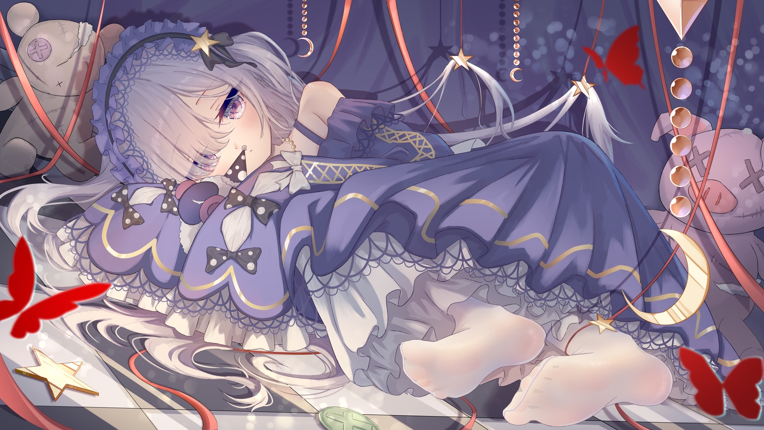bow, butterfly, goth-loli, gray_hair, headband, lolita_fashion, long_hair, mahou_shoujo_no_majo_saiban, natsume_an-an, nicknameokupied, pantyhose, ribbons